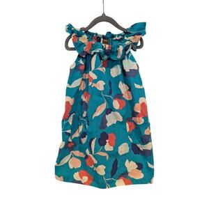 Tea Collection Girls Dress Size 5 Blue Teal Floral Ruffle Neck Cotton Pockets